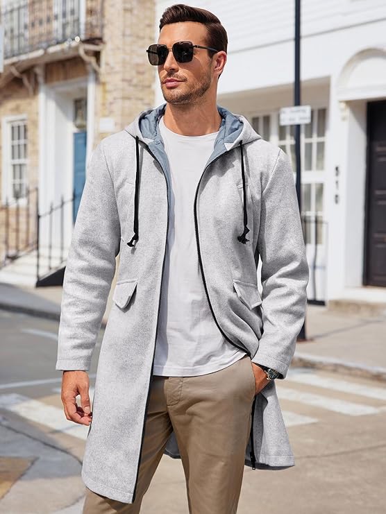 ジャケット・アウター 90s- LONGHI wool&lether half coat ZIWOCH Mens Trench Coat Wool Blend Hoodie Long Jacket Full